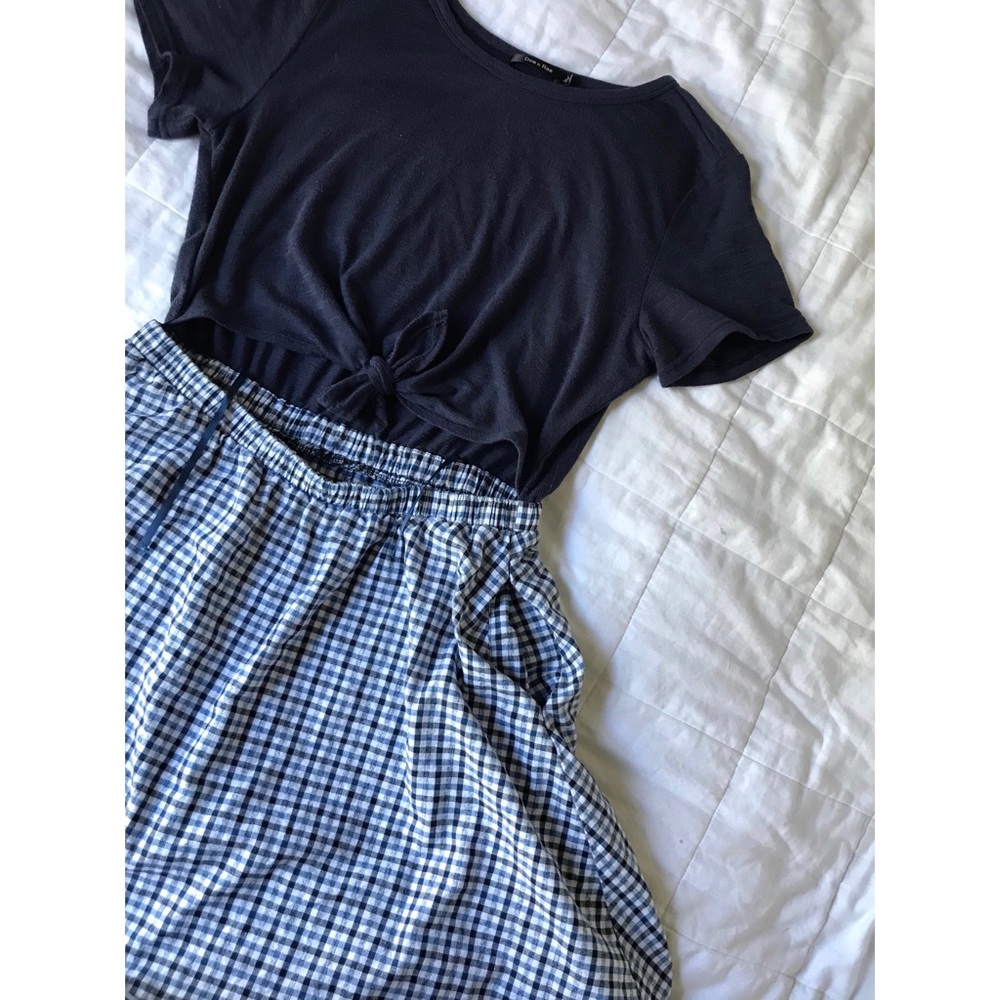 Navy blue and gingham dress with tie front